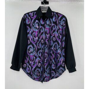 Jeri Marque Vintage Top Metallic Purple Black‎ Button Down Size S, Shoulder Pads